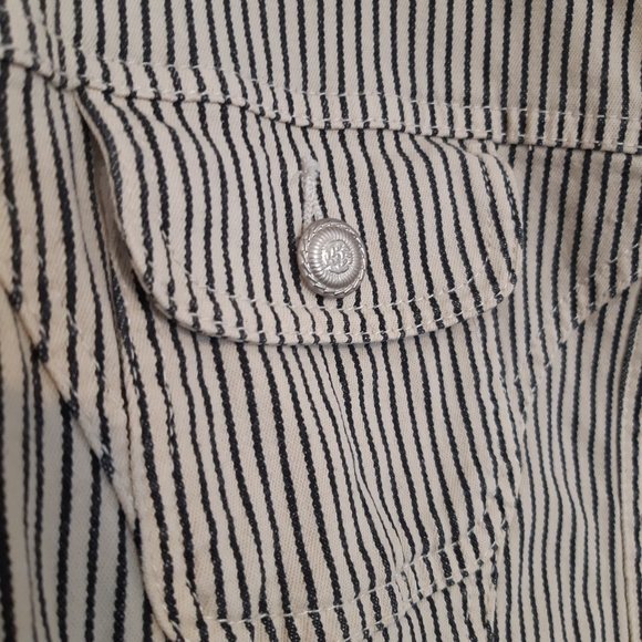 Live a Little Khaki Beige and Navy Pinstripe Stretch Jean Jacket with Pockets - Picture 7 of 10